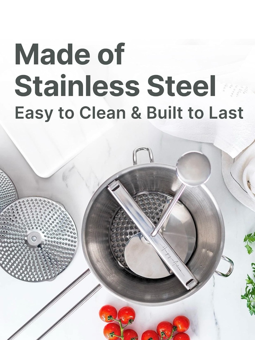 Hungry Artisan Stainless Steel Manual Food Mill with Handle & 3 Discs NEW - Picture 6 of 12